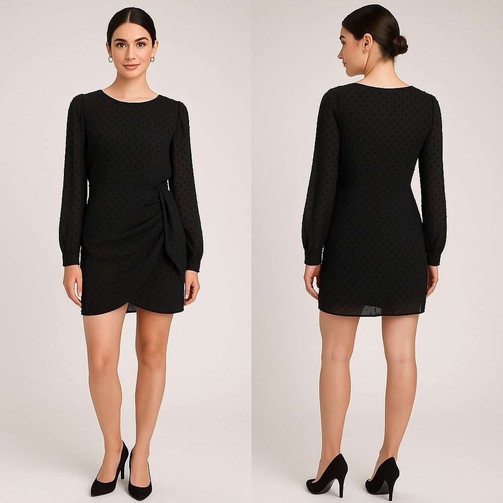 Lulus Black Swiss Dot Wrap Mini Dress Women's XSmall Long Sleeve Textured Party